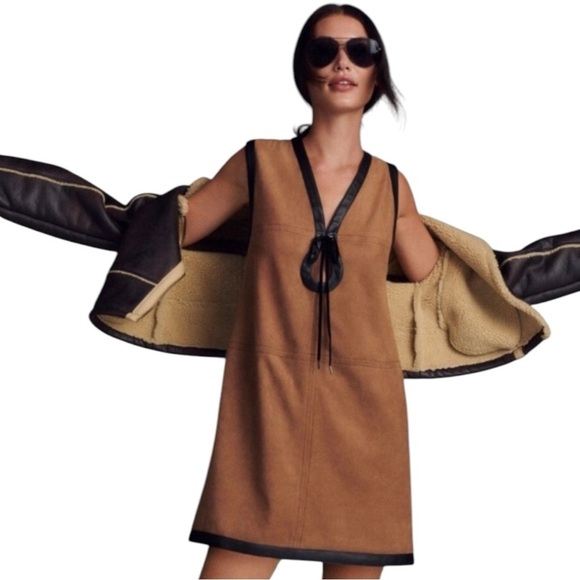 By Anthropologie Faux Suede Shell Mini Dress- Brown with Black Trim- Size Medium - Picture 1 of 11
